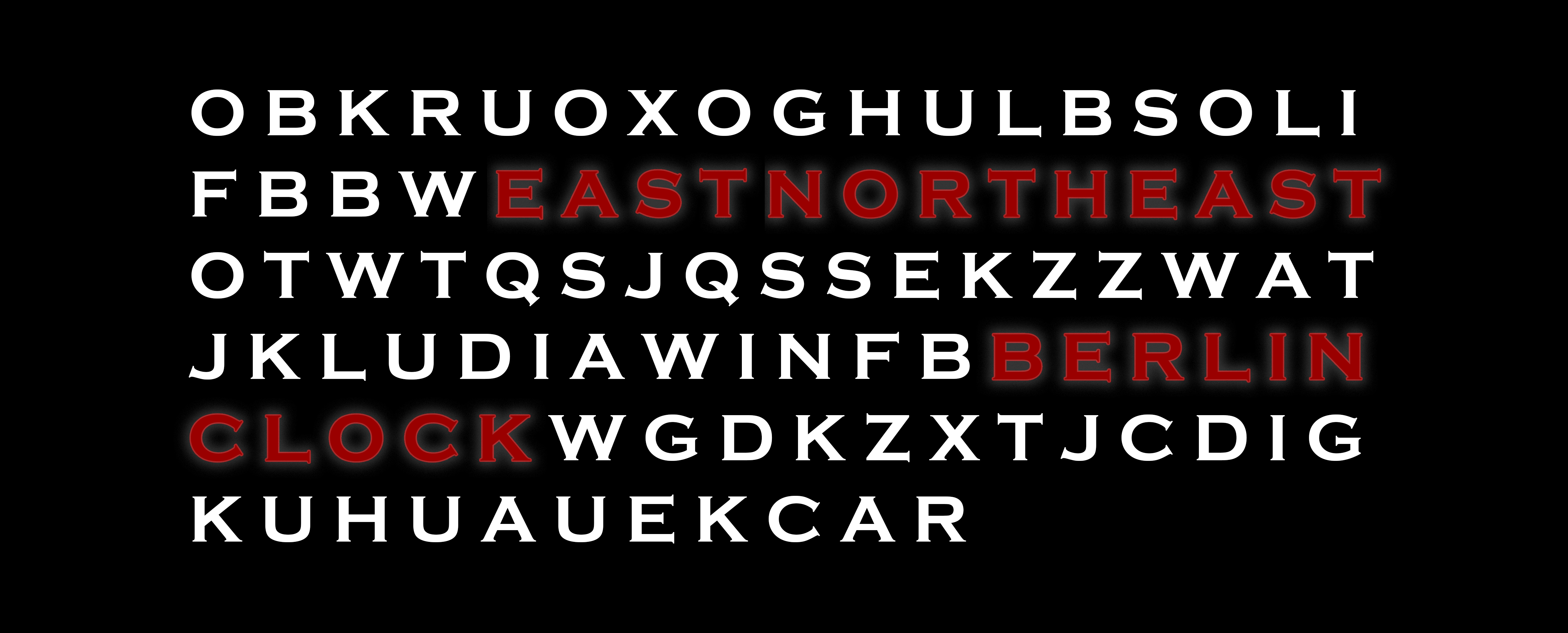 The 97 characters of the Kryptos K4 ciphertext as cut into the copper screen, with confirmed plaintext anchors EAST, NORTHEAST, BERLIN, and CLOCK highlighted at their verified positions